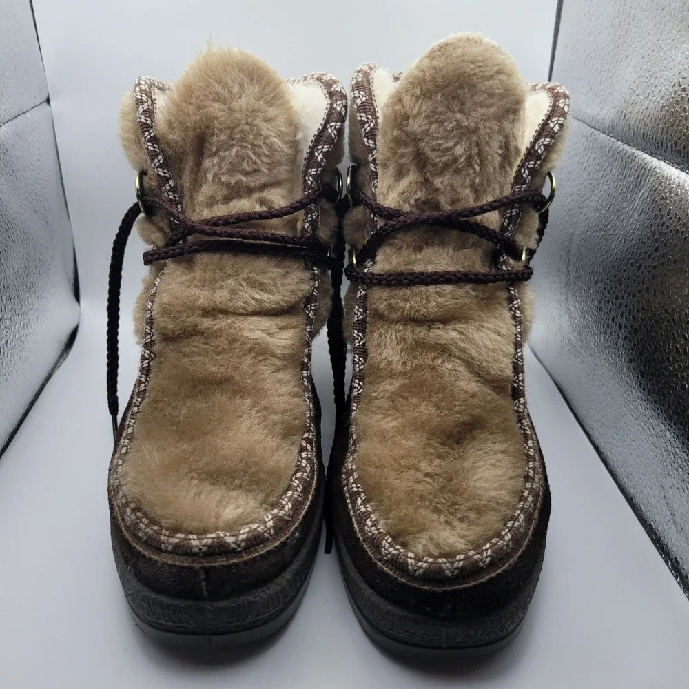 Yodeler Womens 8 Leather Boots Vintage USA Brown Faux Fur Trim Winter Snow Shoes